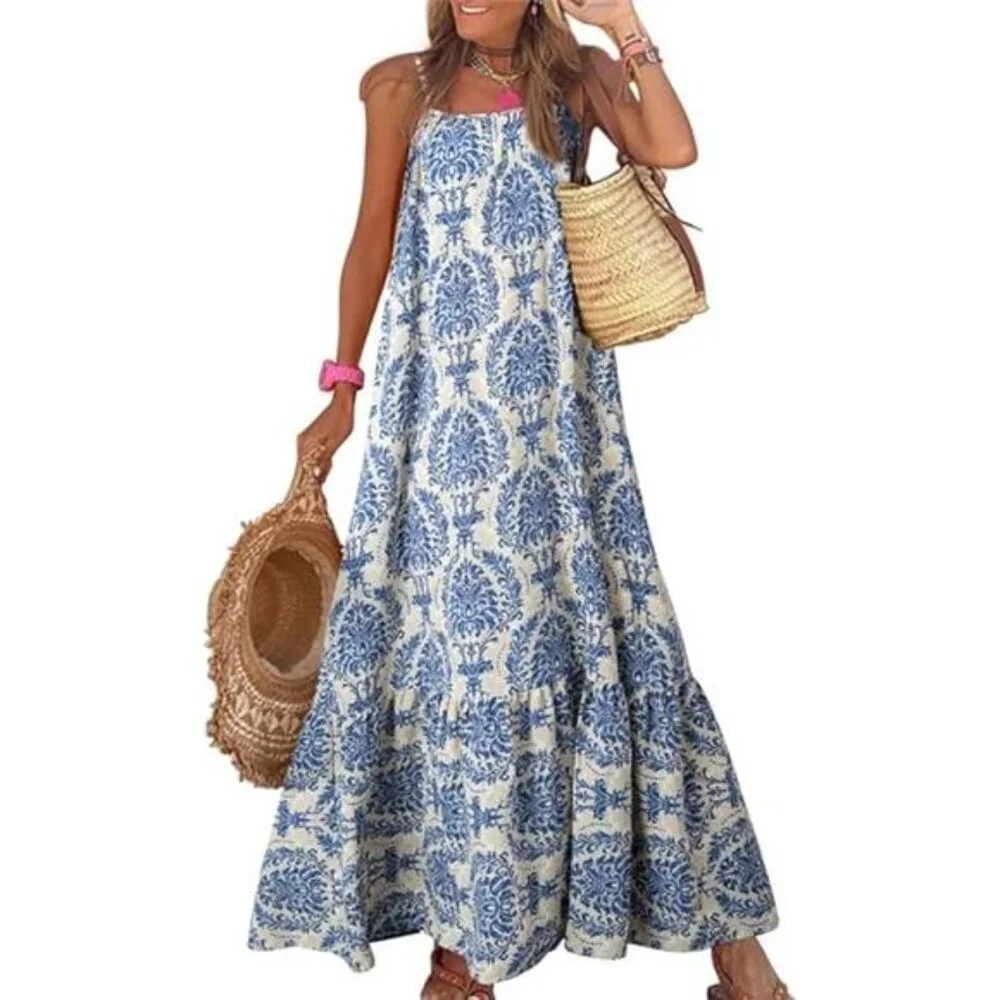 Summer Maxi Dress Boho Flowy Ruffle Smocked Spaghetti Strap Scoop Neck - Picture 6 of 6
